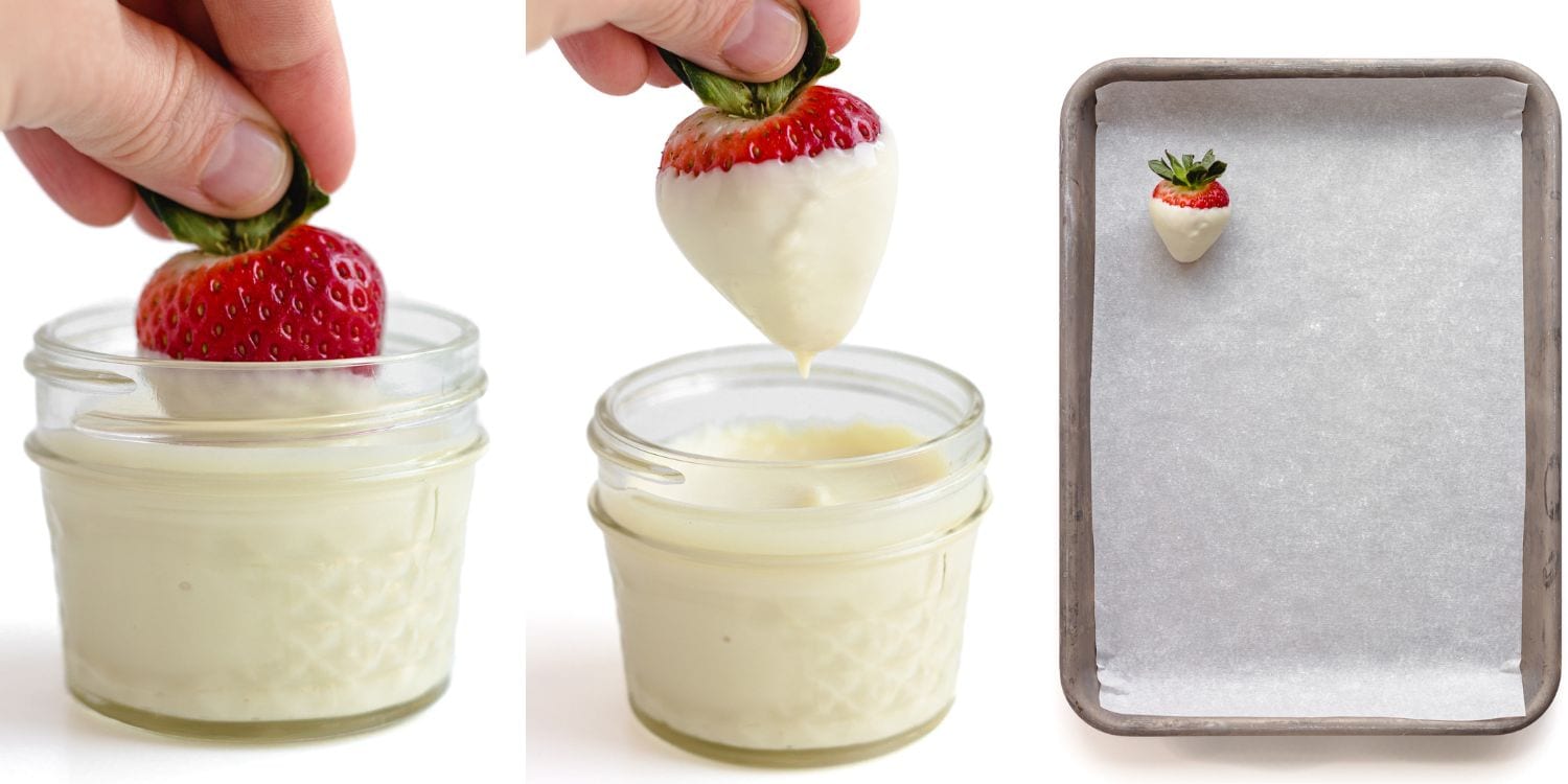 Photo collage of three photos showing a strawberry being dipped in white chocolate, dripping off and then placed on a parchment paper lined baking sheet.