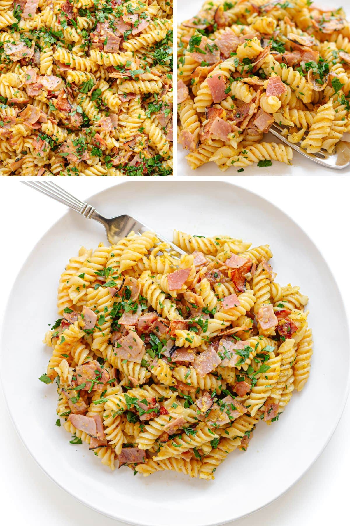 Photo collage showing three pictures of Schinkennudeln (German Ham Noodles).