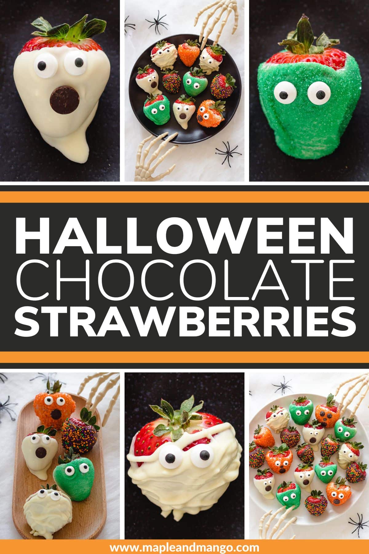 Photo collage showing Halloween strawberries with text overlay "Halloween Chocolate Strawberries".