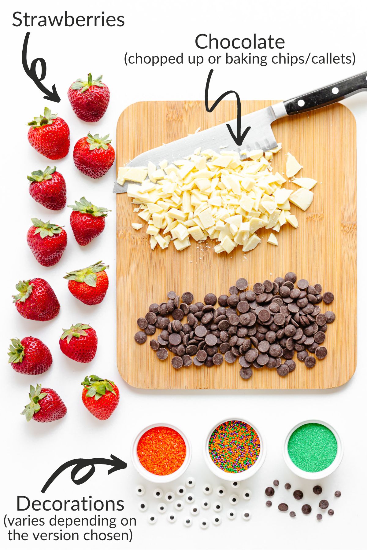 Labelled image of ingredients needed to make Halloween chocolate covered strawberries.