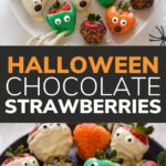 Pinterest collage graphic for Halloween Chocolate Strawberries.