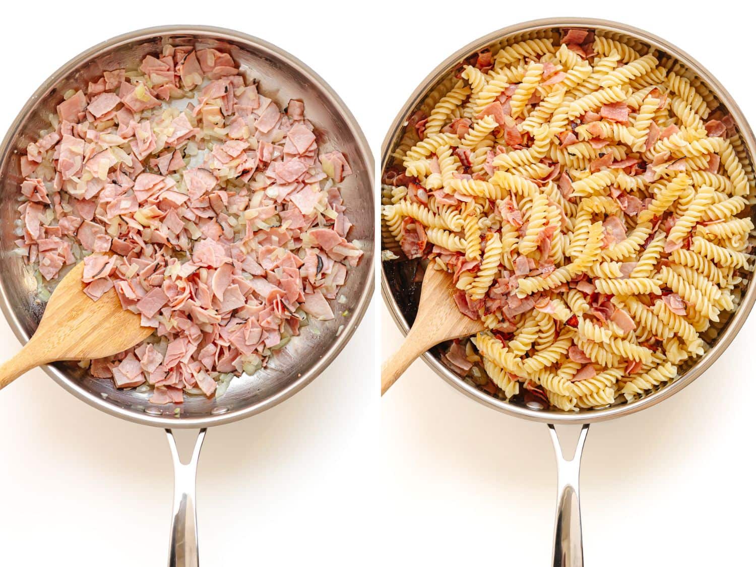 Side by side photos of a stainless steel skillet - first shows ham and onion being pan fried and second shows pasta added in as well.