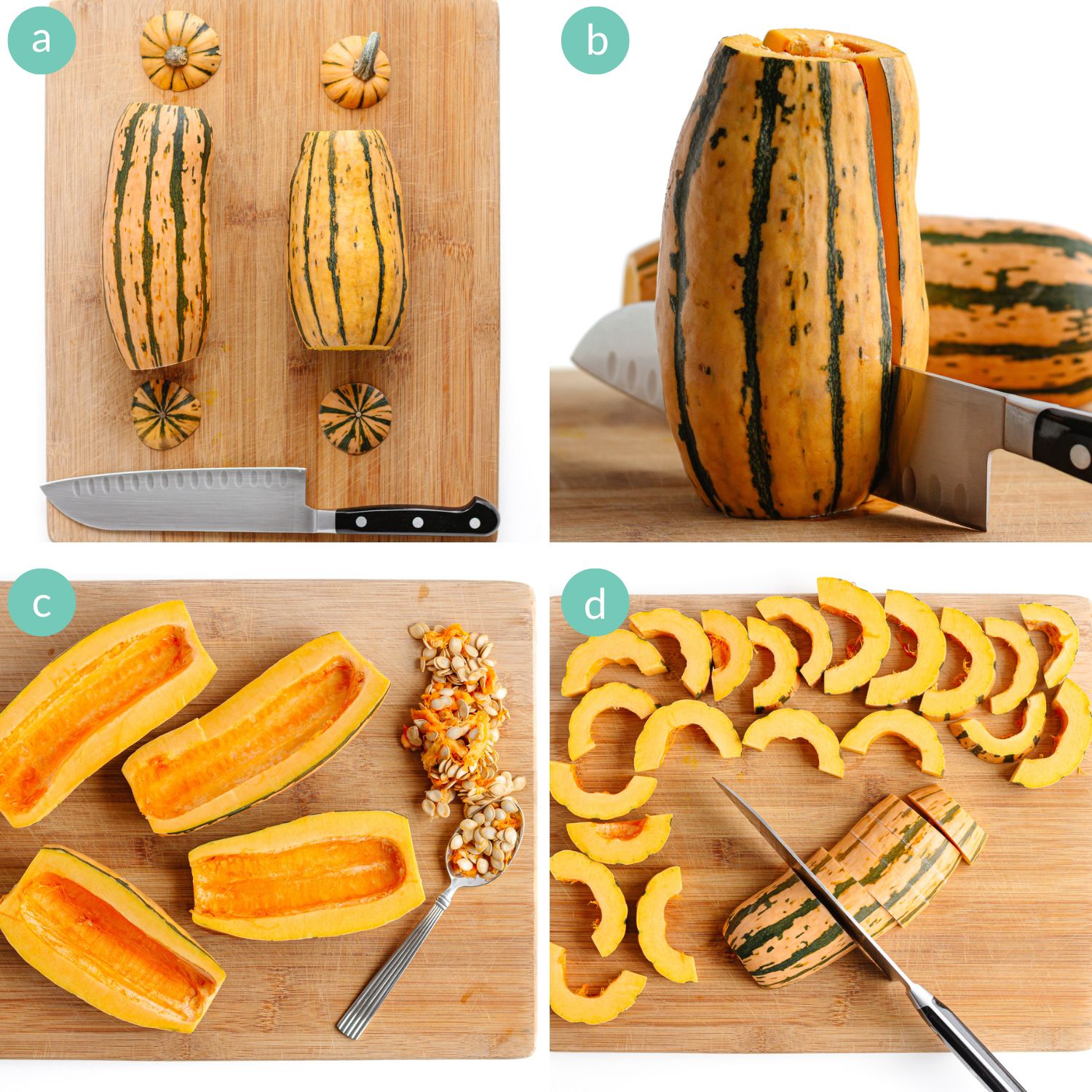 Photo collage showing steps to prep delicate squash into half moon slices.