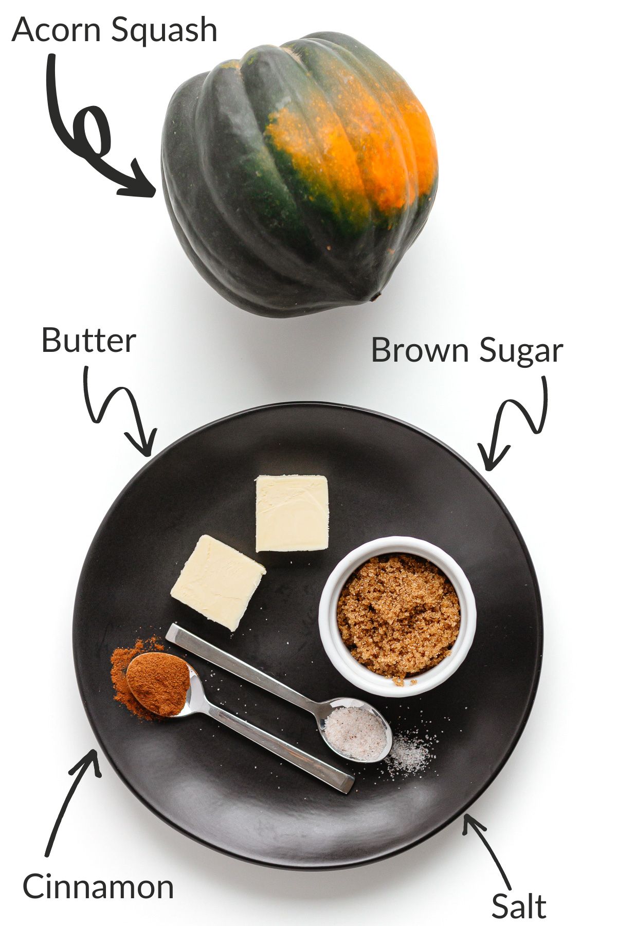 Labelled photo of ingredients needed to make instant pot acorn squash with butter and brown sugar topping.