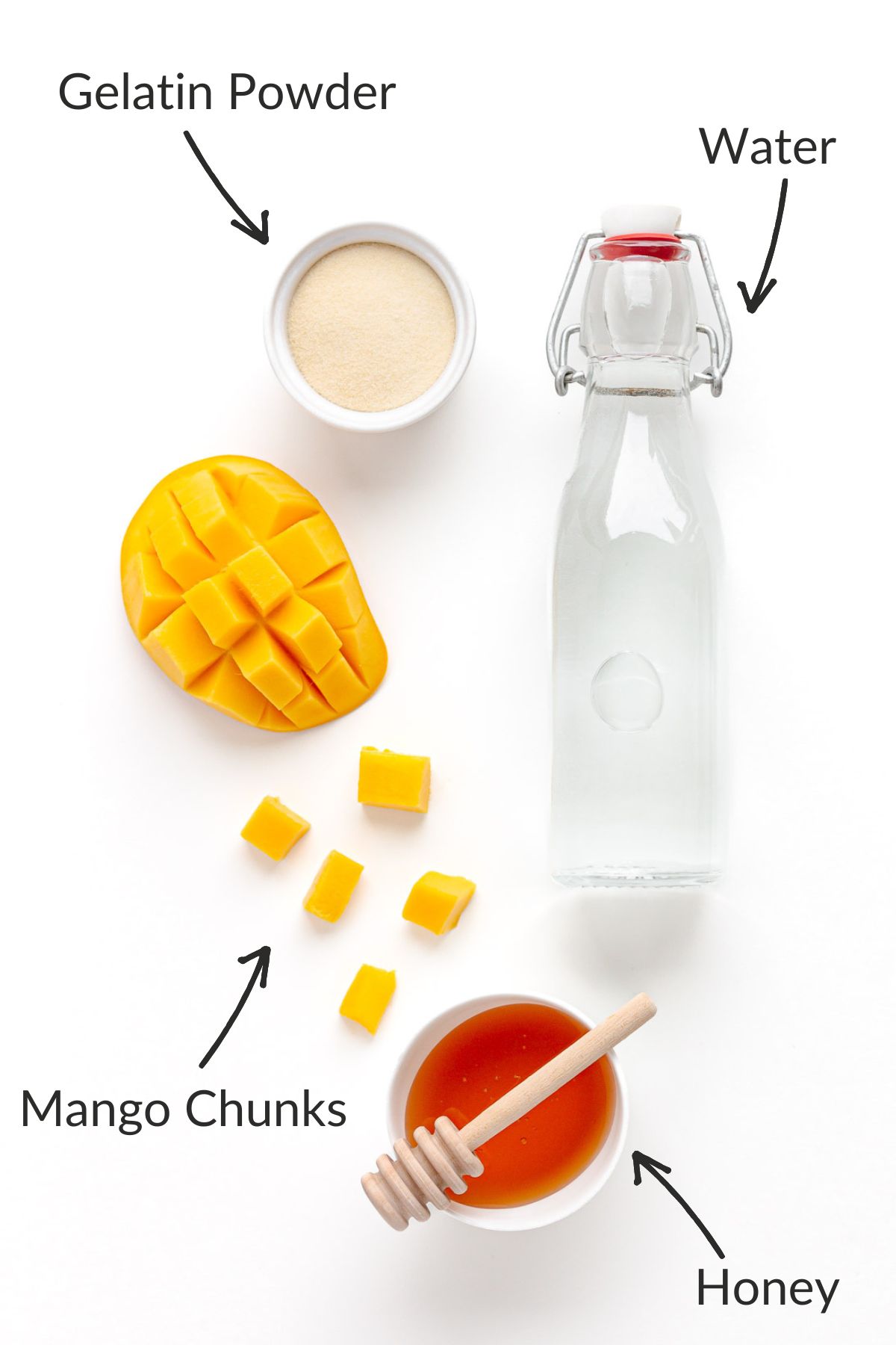 Labelled photo of ingredients needed to make mango jelly.