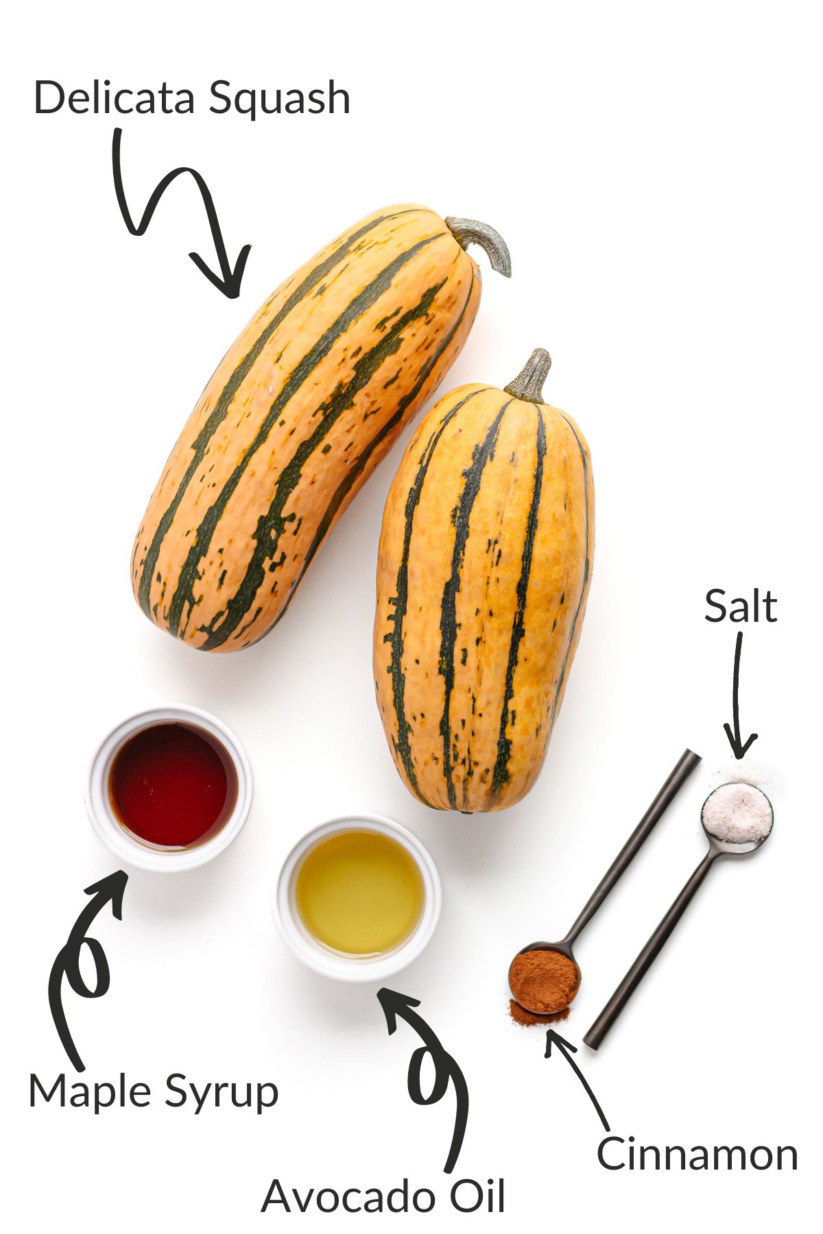 Labelled photo of ingredients needed to make maple roasted delicata squash.