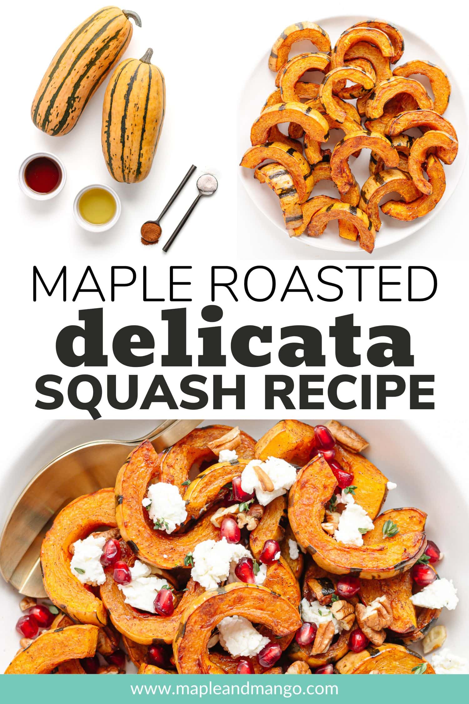 Photo collage of roasted delicata squash photos with text overlay "Maple Roasted Delicata Squash Recipe".
