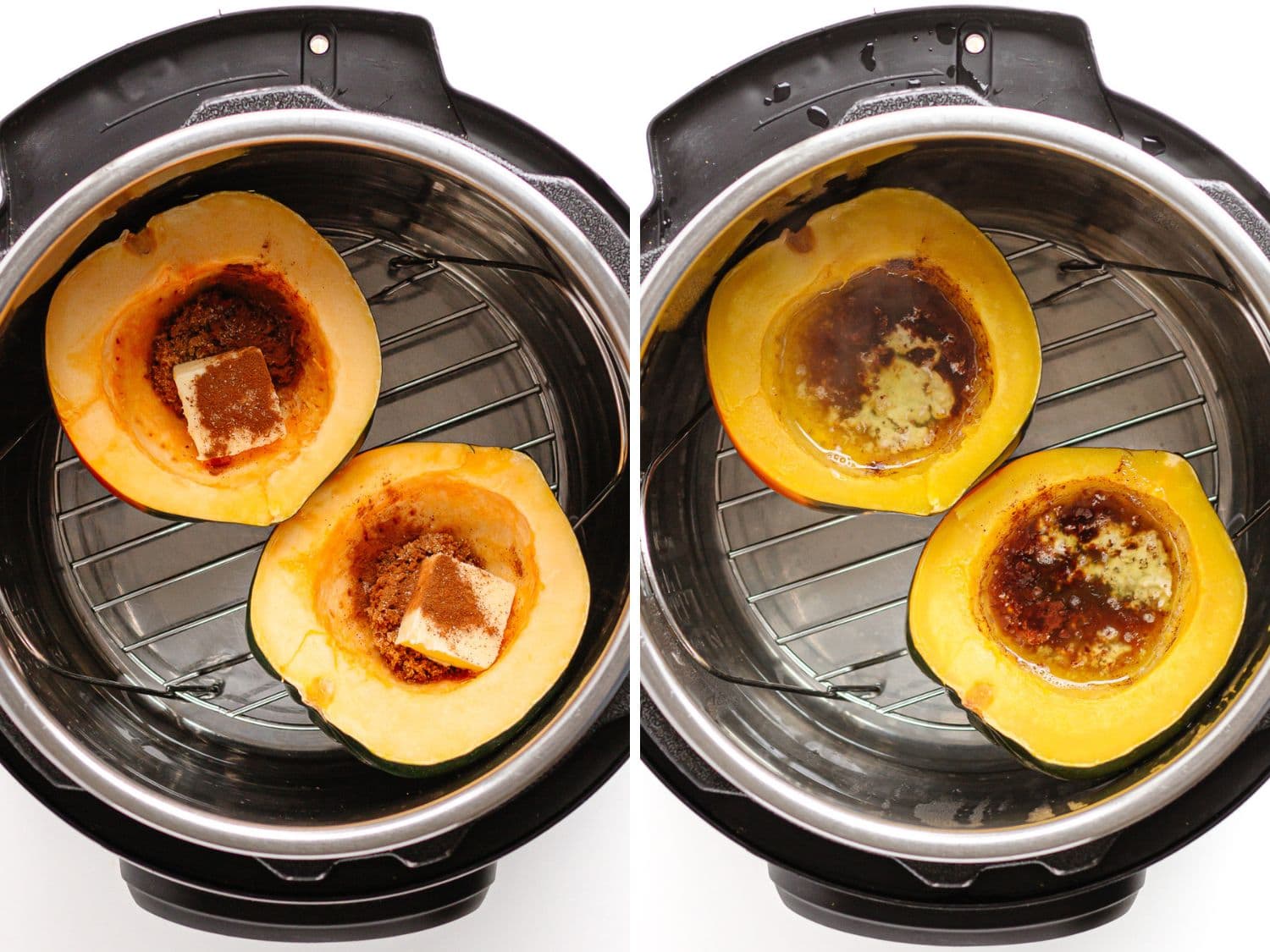 Two acorn squash halves sitting in the Instant Pot before and after cooking.