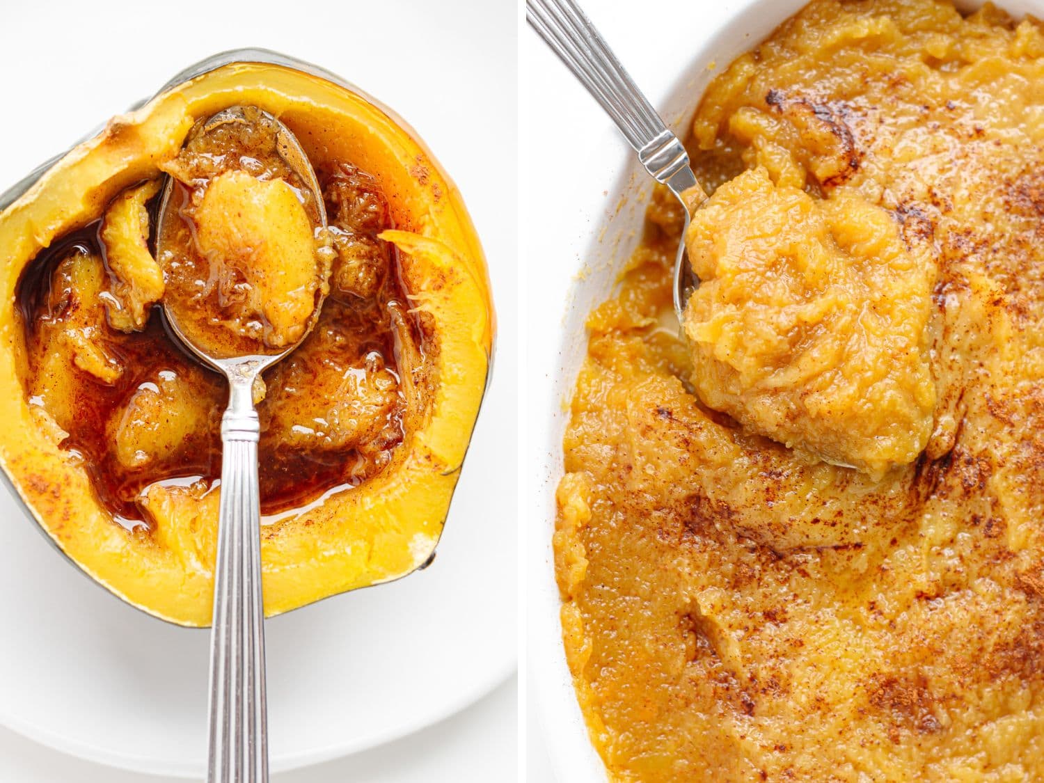 Cooked acorn squash half with a spoon next to a dish of mashed acorn squash.