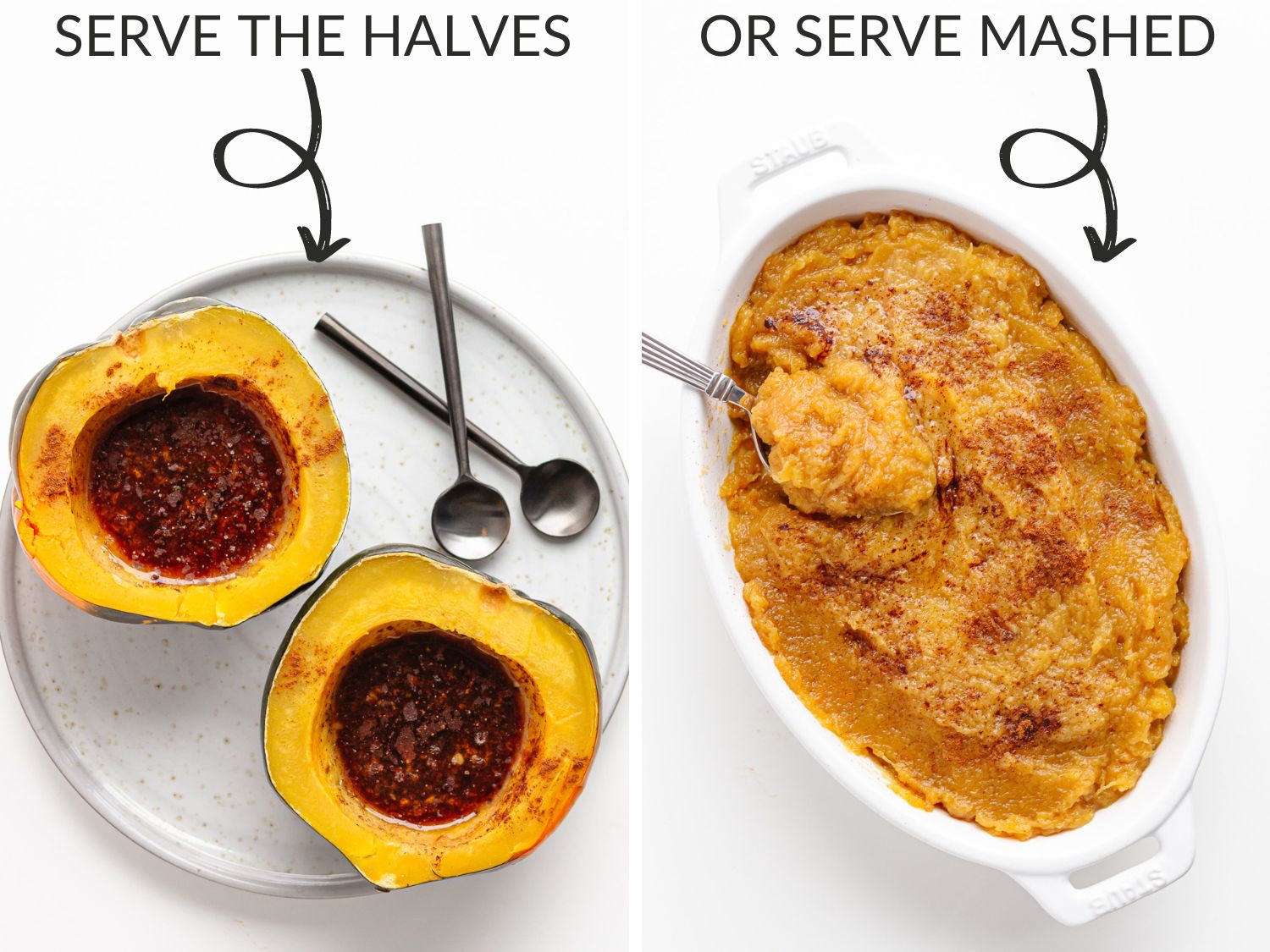 Graphic showing two different ways to serve Instant Pot acorn squash: serve the halves or serve mashed.