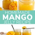 Pinterest graphic showing various photos of mango jellies and text overlay in the center that reads "Homemade Mango Jelly Recipe".