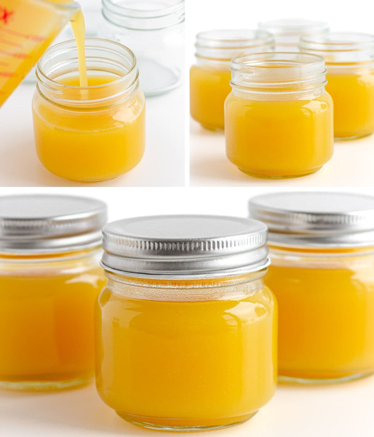 Collage of mango jelly mixture being poured into glass jars and sealed jars.