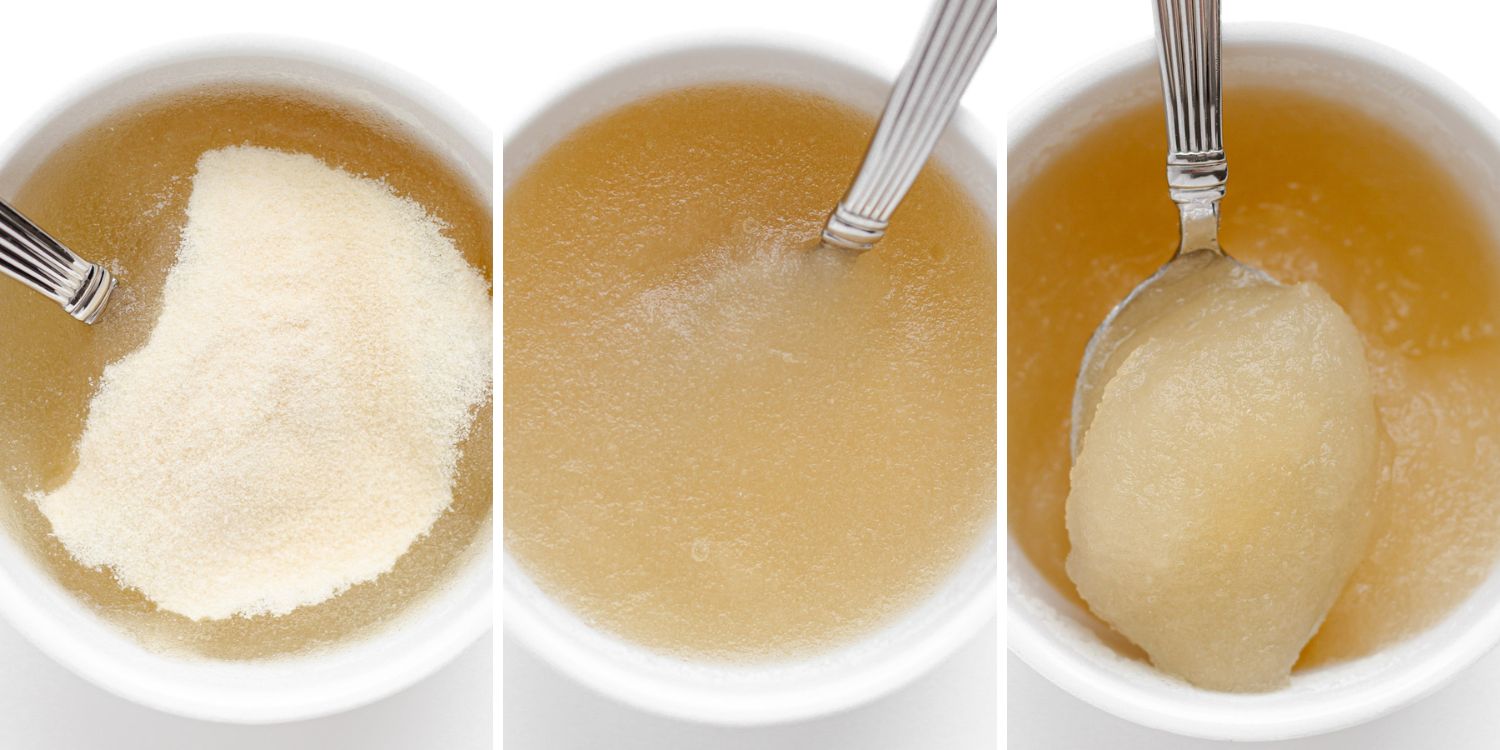Photo collage showing gelatin powder added to water and then the softened and bloomed gelatin.