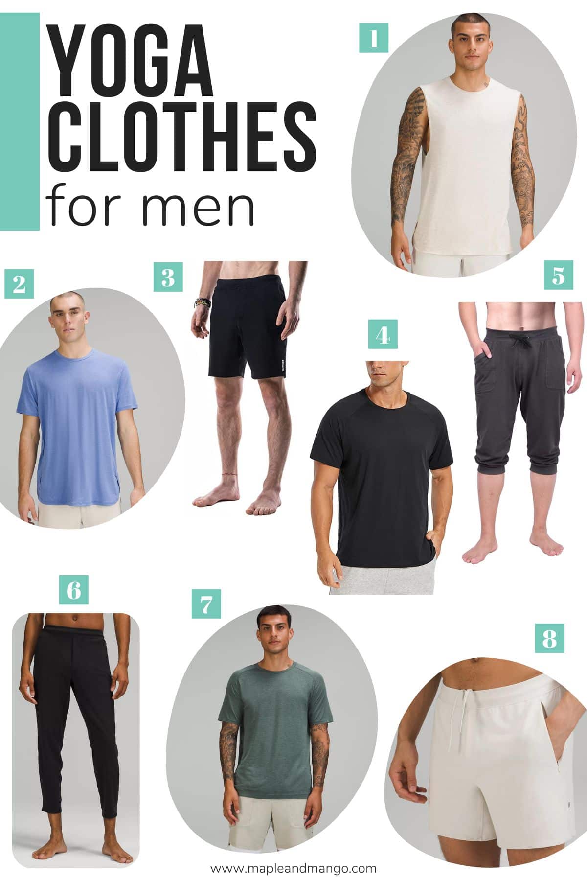 Numbered photo collage of yoga clothes for men.