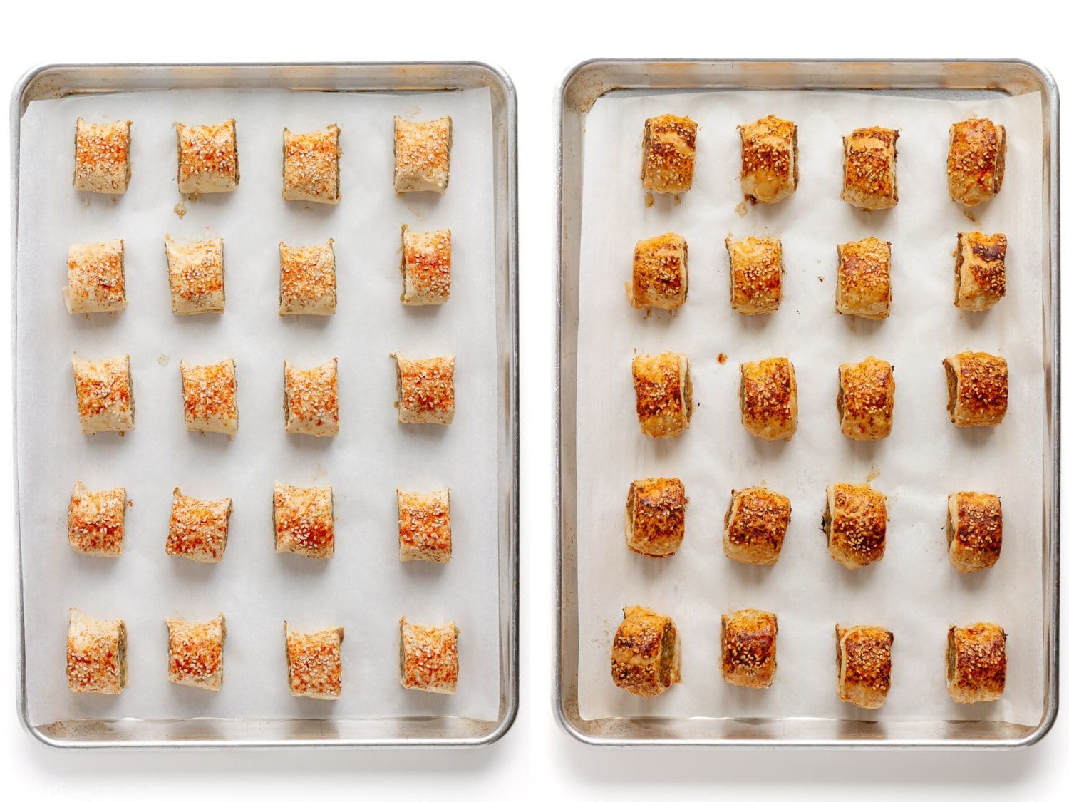 Photo collage showing party size chicken sausage rolls on a baking sheet before and after baking.