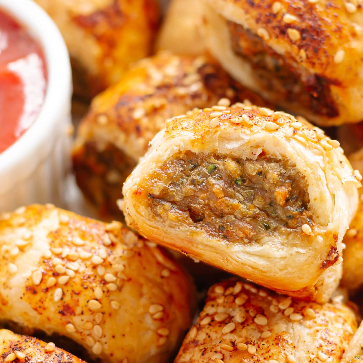 Closeup of a chicken veggie sausage roll.