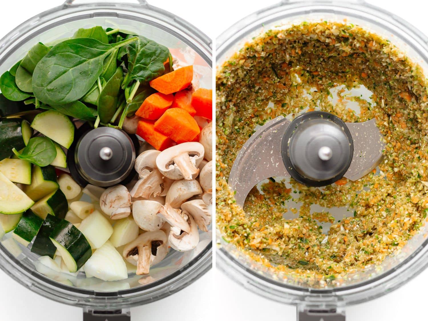 Photo collage showing veggies in a food processor before and after being finely chopped up.