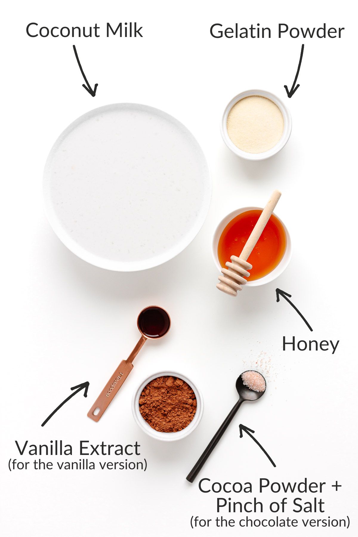 Labelled photo of ingredients needed to make coconut jelly.