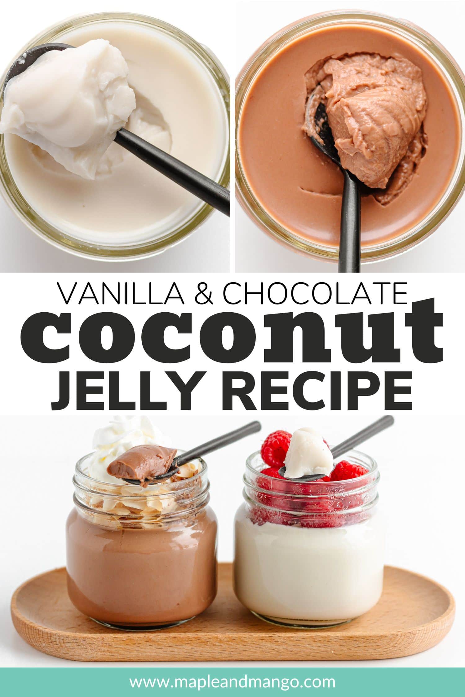 Collage graphic showing photos of coconut milk jelly with text overlay that reads "Vanilla & Chocolate Coconut Jelly Recipe".