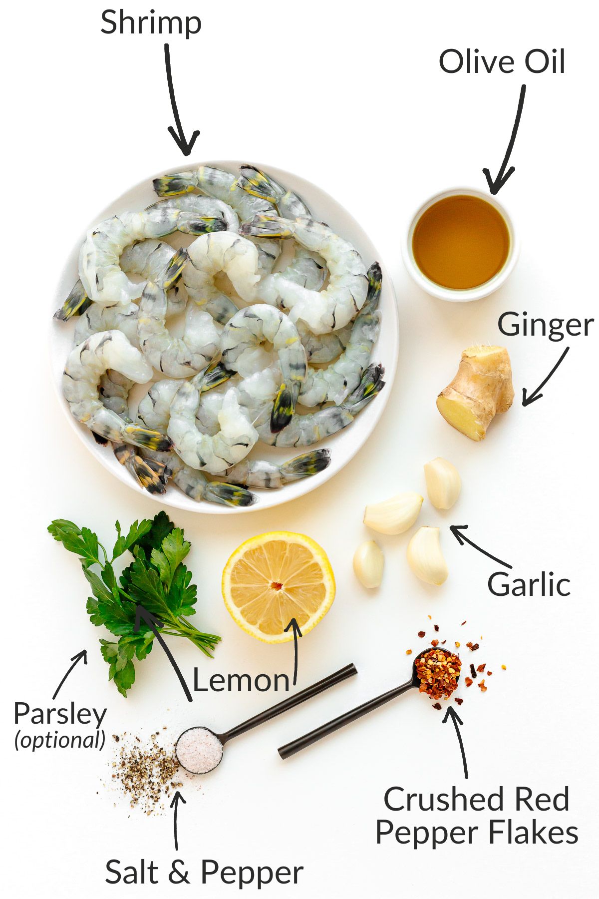 Labelled photo of ingredients needed to make this pan seared shrimp recipe.