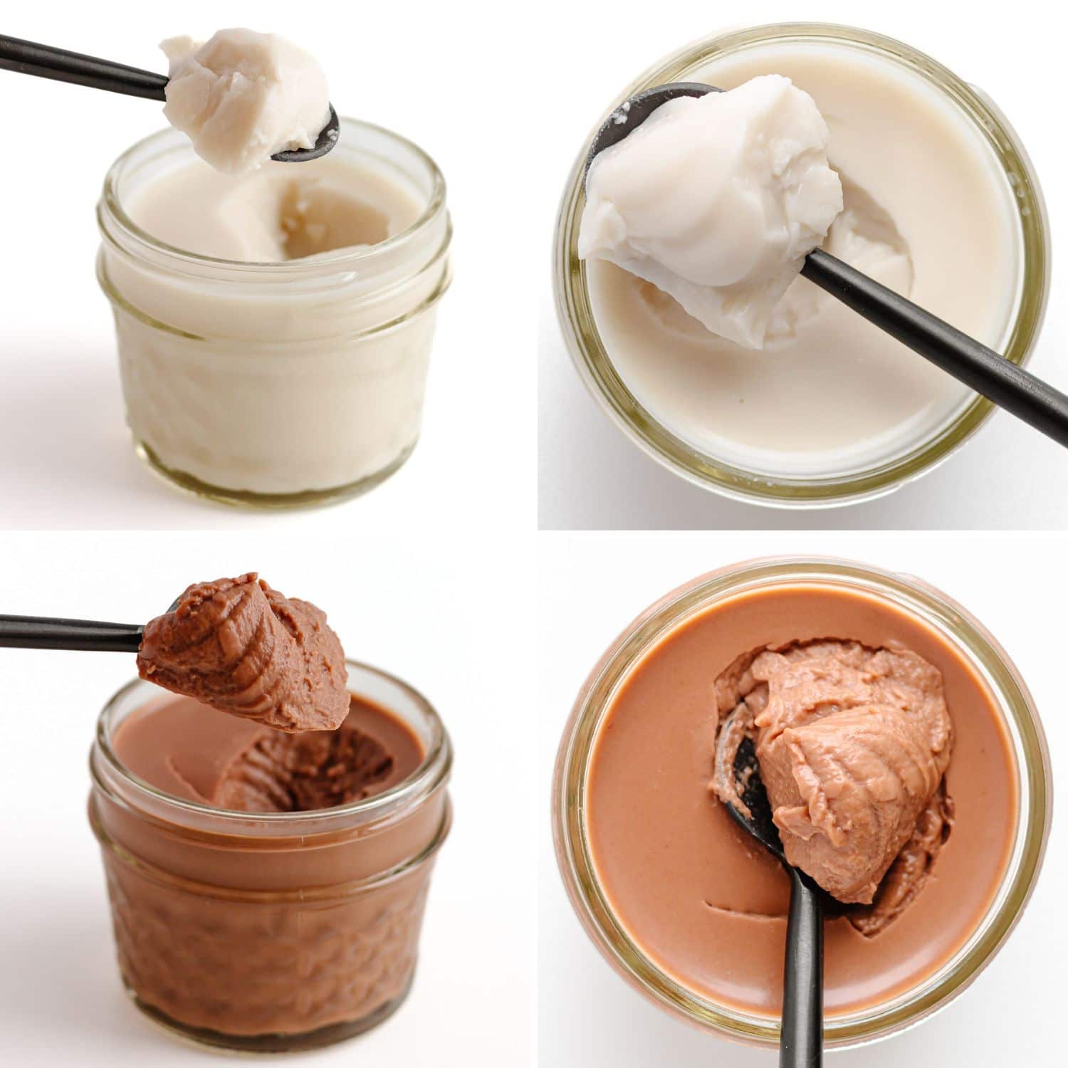 Collage showing set vanilla and chocolate coconut jelly being scooped out of a jar with a spoon.