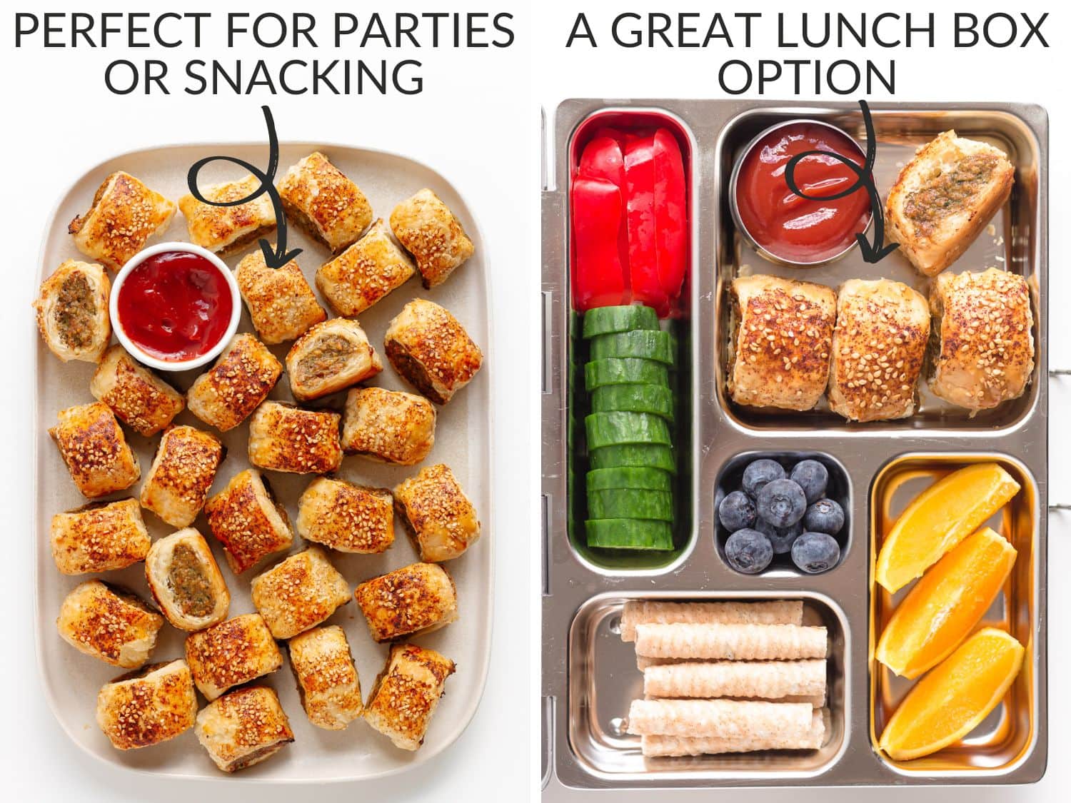 Graphic showing two possible ways to serve chicken sausage rolls, party finger food and in a lunch box.
