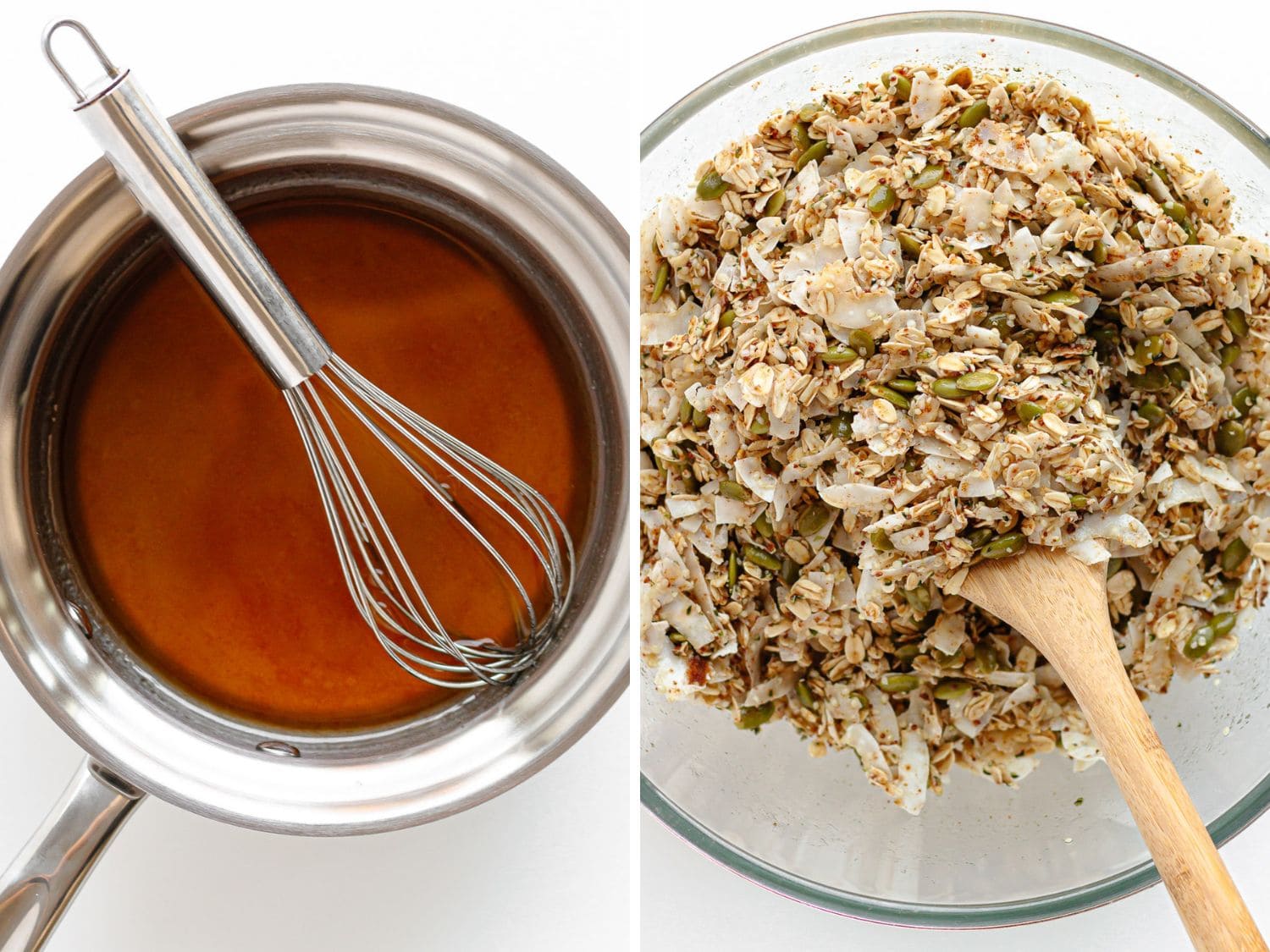 Photo collage of 2 photos, first showing wet ingredients for granola clusters being heated and whisked together in a saucepan and second showing all the granola ingredients being mixed together in a glass mixing bowl with a wooden spoon.