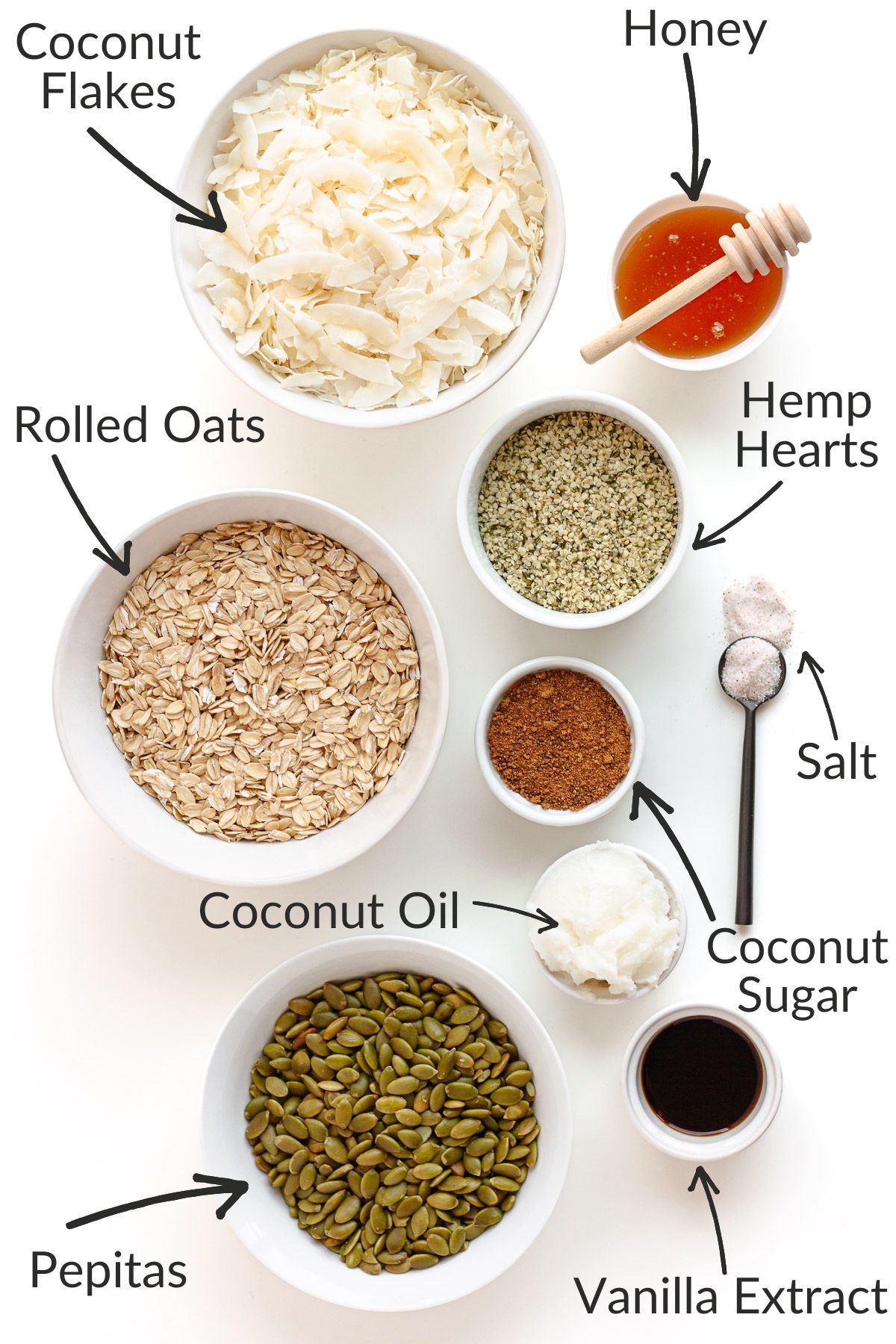 Labelled image of ingredients needed to make vanilla coconut granola clusters.