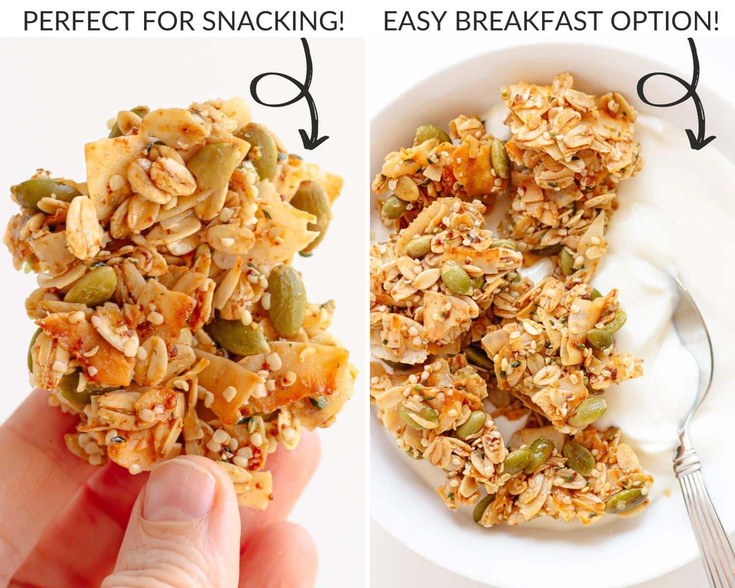 Labelled photo collage showing two different ways to serve granola clusters: as a snack or for breakfast over yogurt.