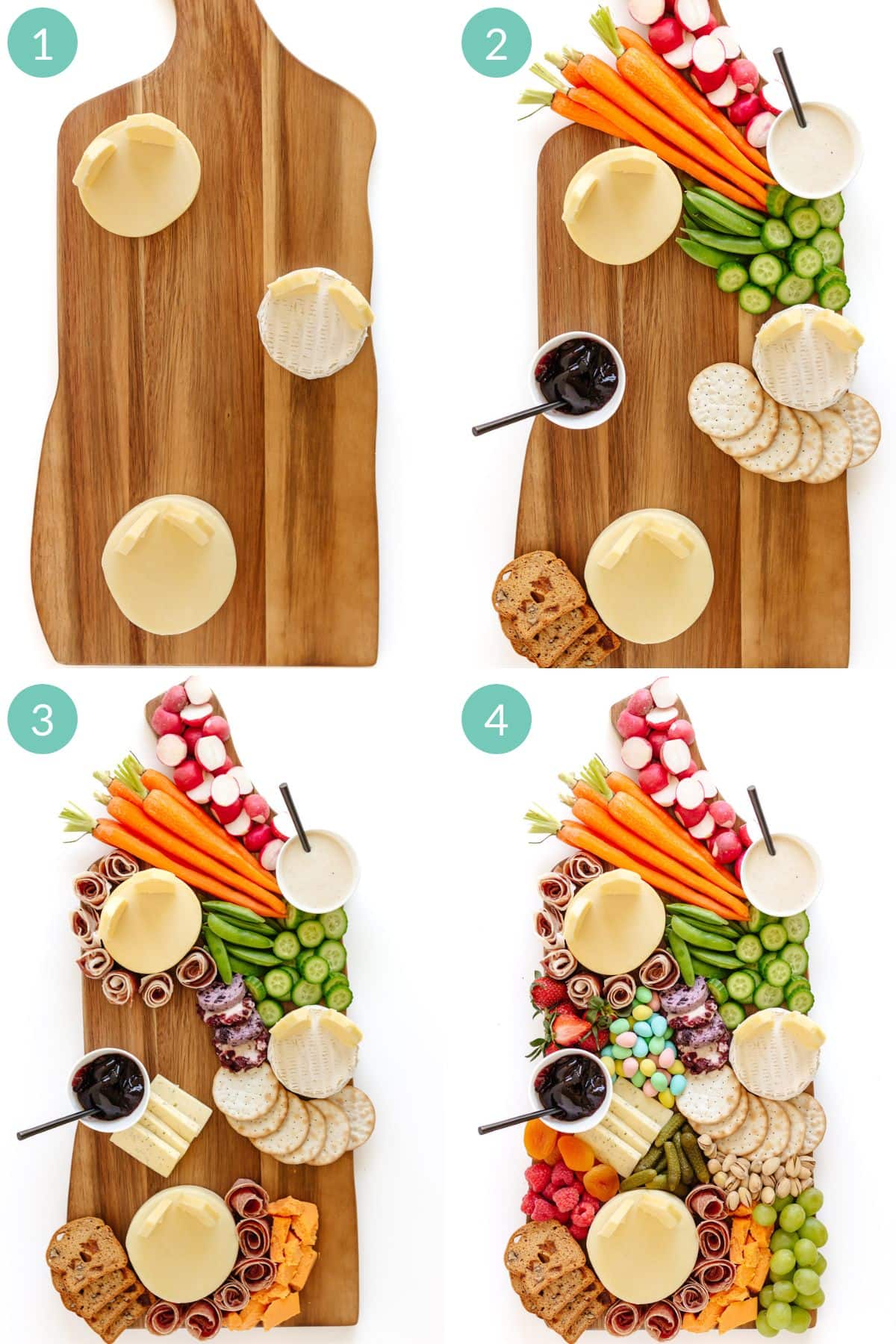 Numbered photo collage showing how to assemble a bunny charcuterie board.