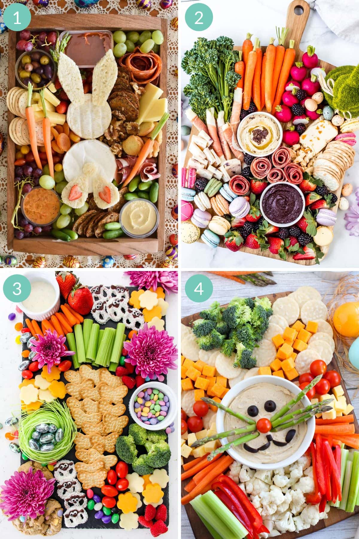 Photo collage of Easter charcuterie board ideas.