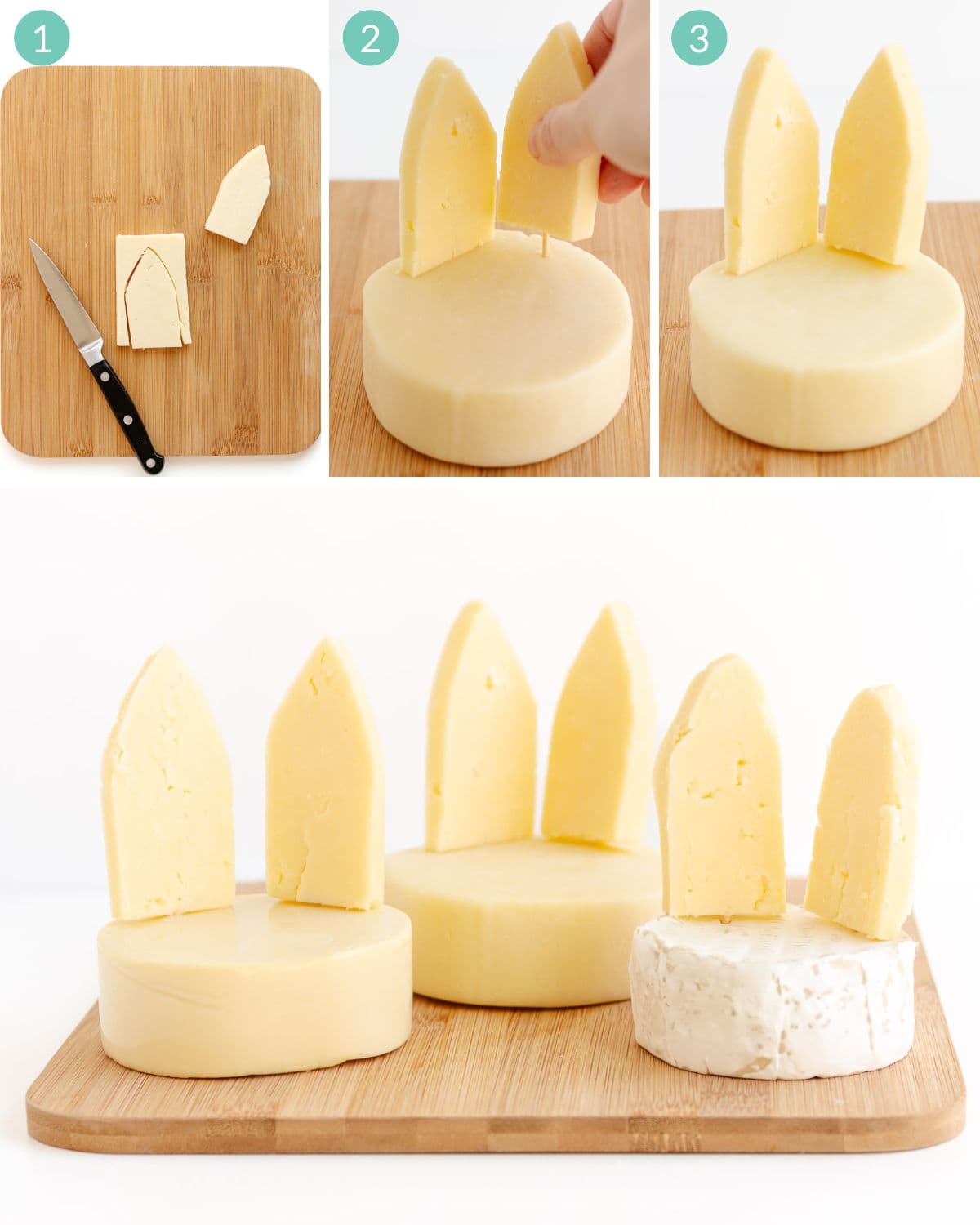 Step-by-step photo collage showing how to make simple cheese bunnies.