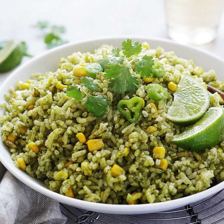 Mexican green rice in a serving bowl.