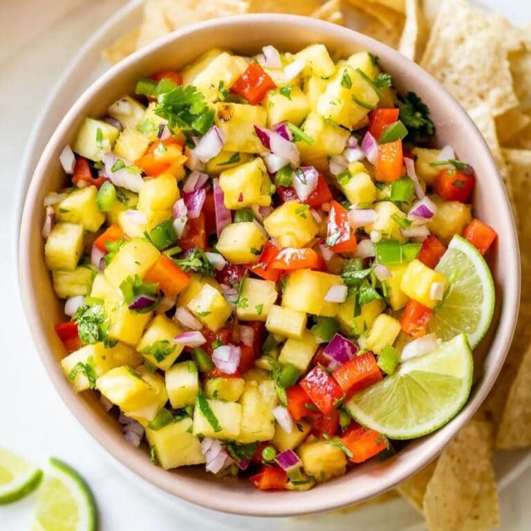 Pineapple salsa in a serving bowl surrounded by tortilla chips.