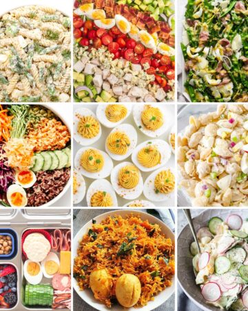Photo collage of recipes that can be made with hard boiled eggs.