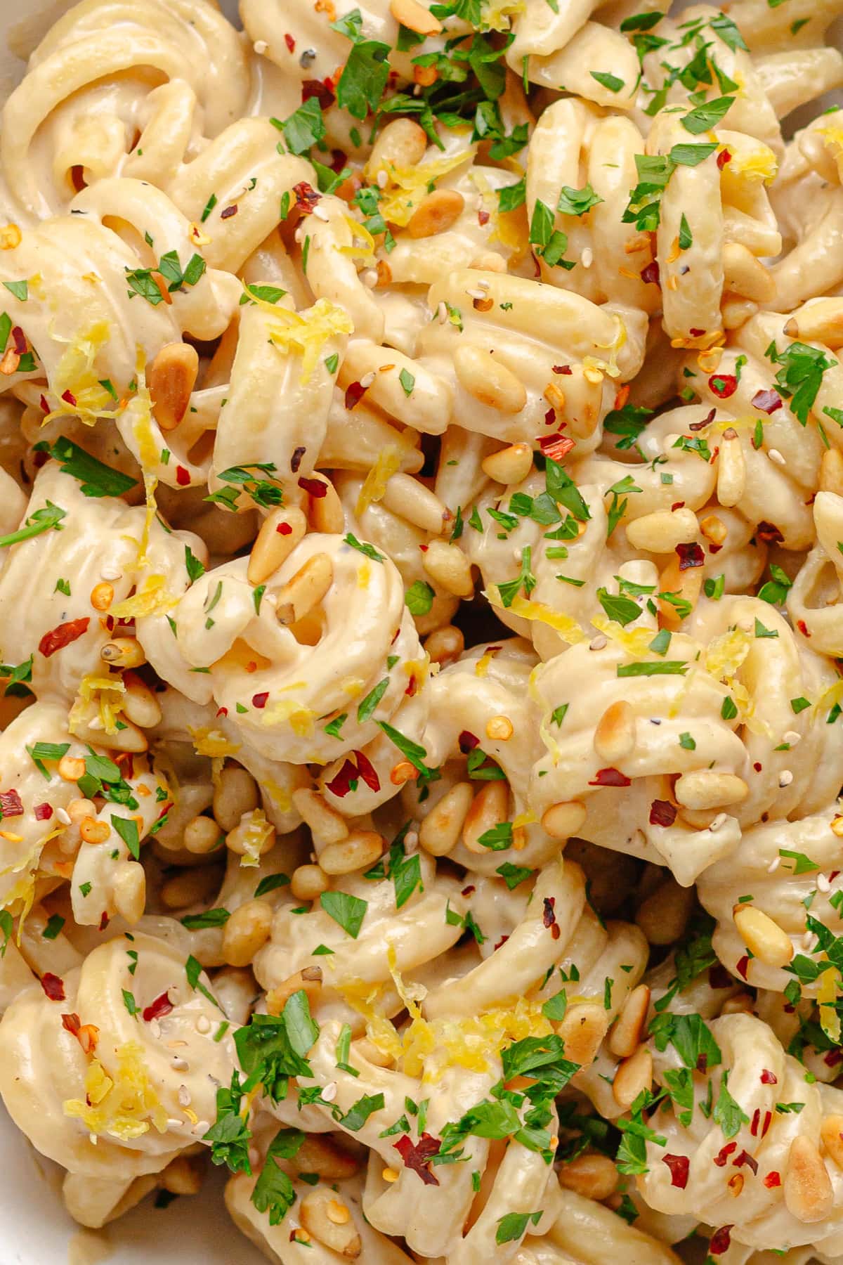 Closeup of creamy tahini pasta.