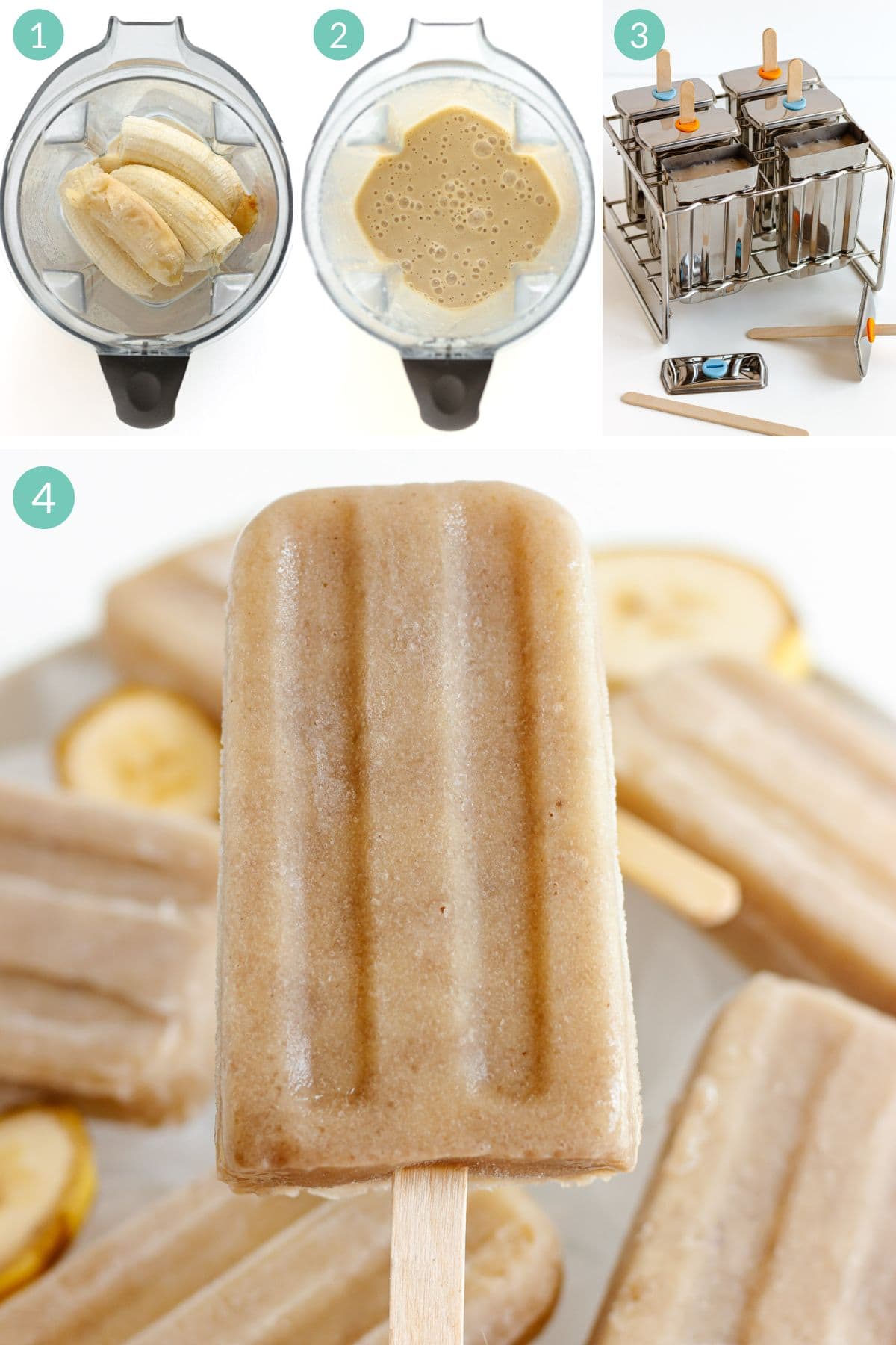 Numbered photo collage showing how to make homemade banana popsicles.