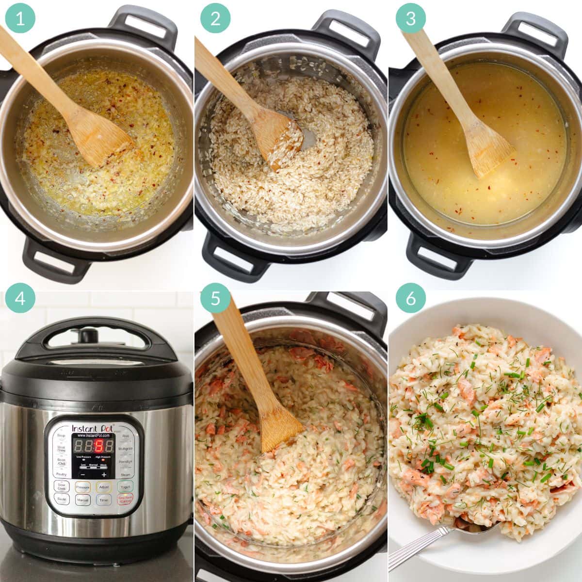 Numbered photo collage  showing how to make instant pot salmon risotto.