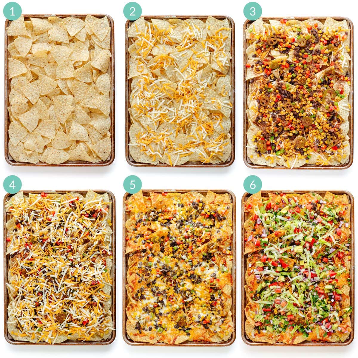 Numbered photo collage showing how to make loaded veggie nachos.