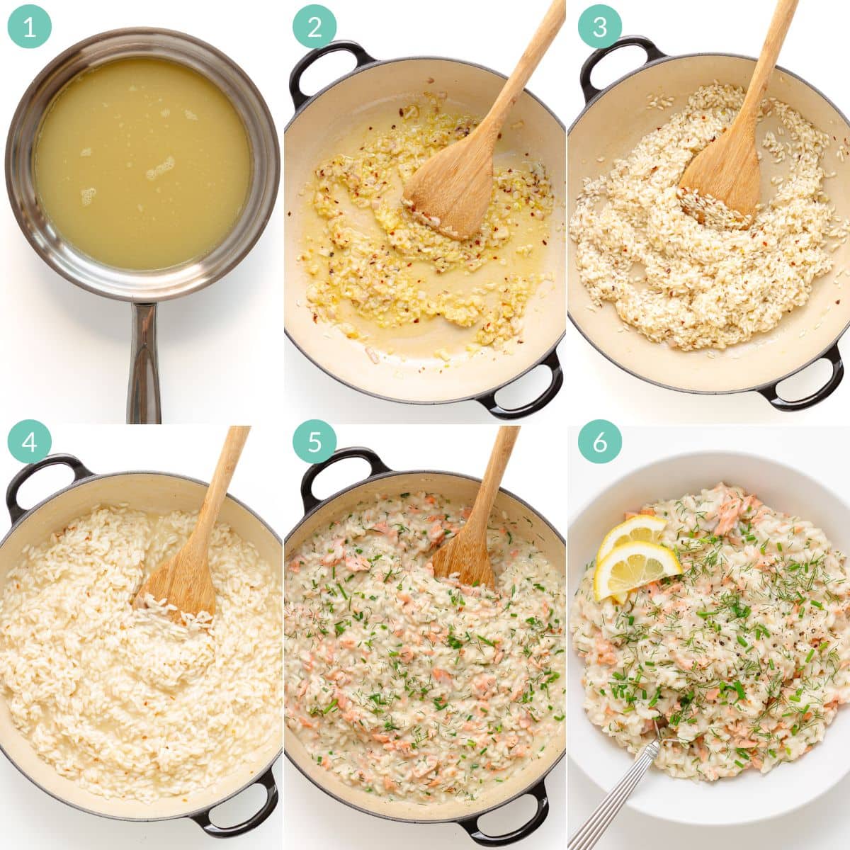 Numbered photo collage showing how to make salmon risotto using the stovetop method.