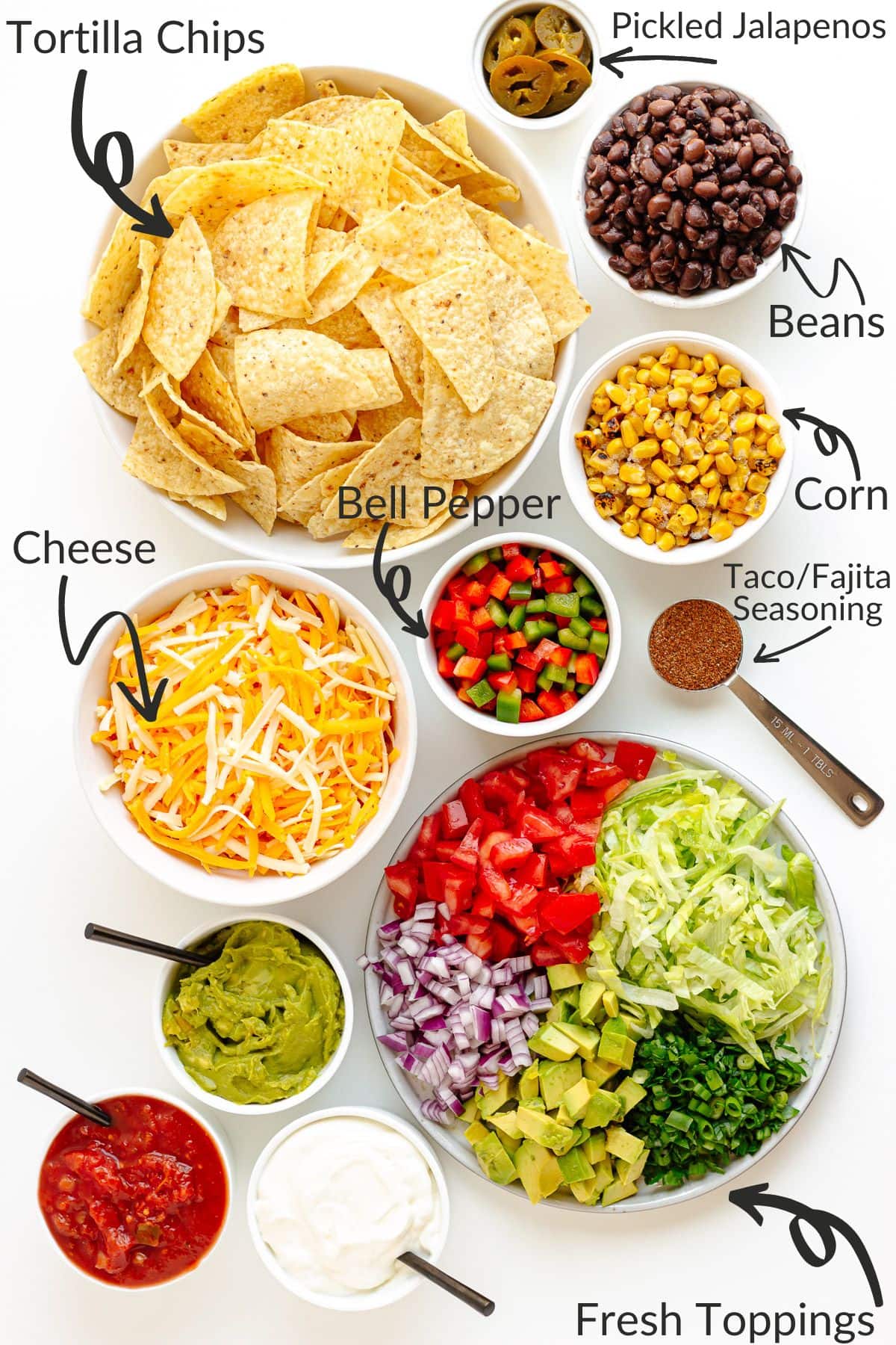 Labelled photo of ingredients needed to make loaded veggie nachos.