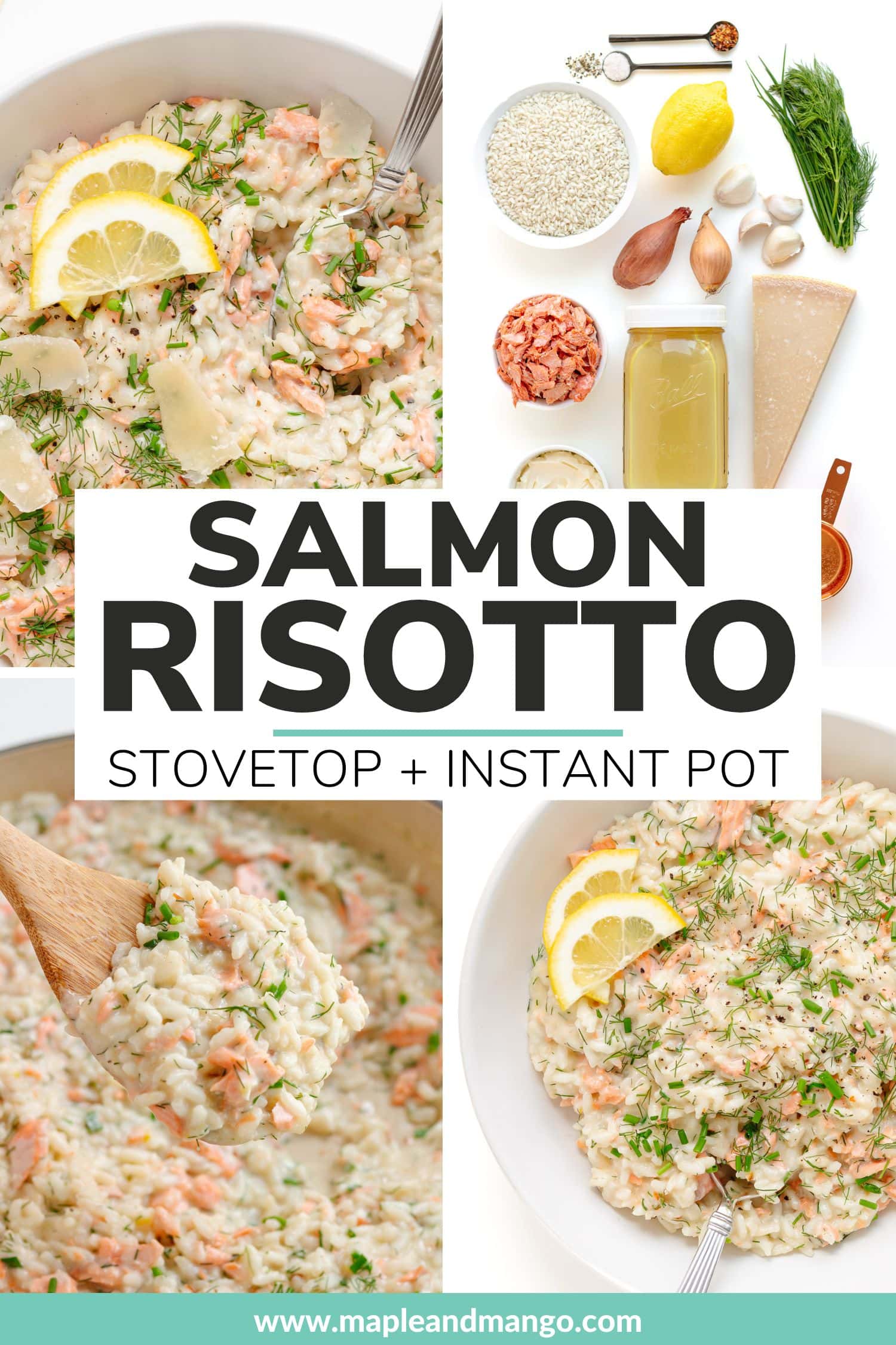 Pinterest photo collage graphic for salmon risotto recipe.