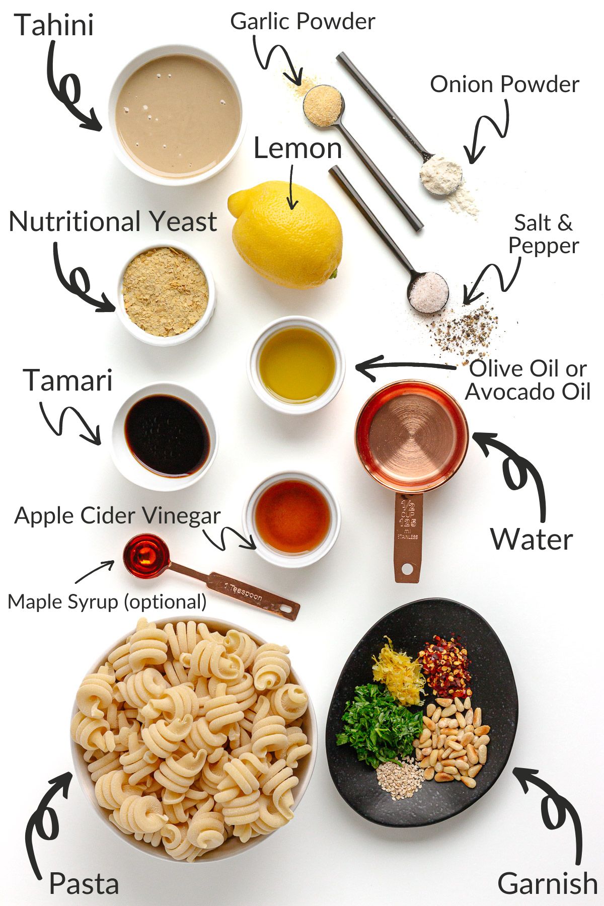 Labelled photo of ingredients needed to make tahini pasta.