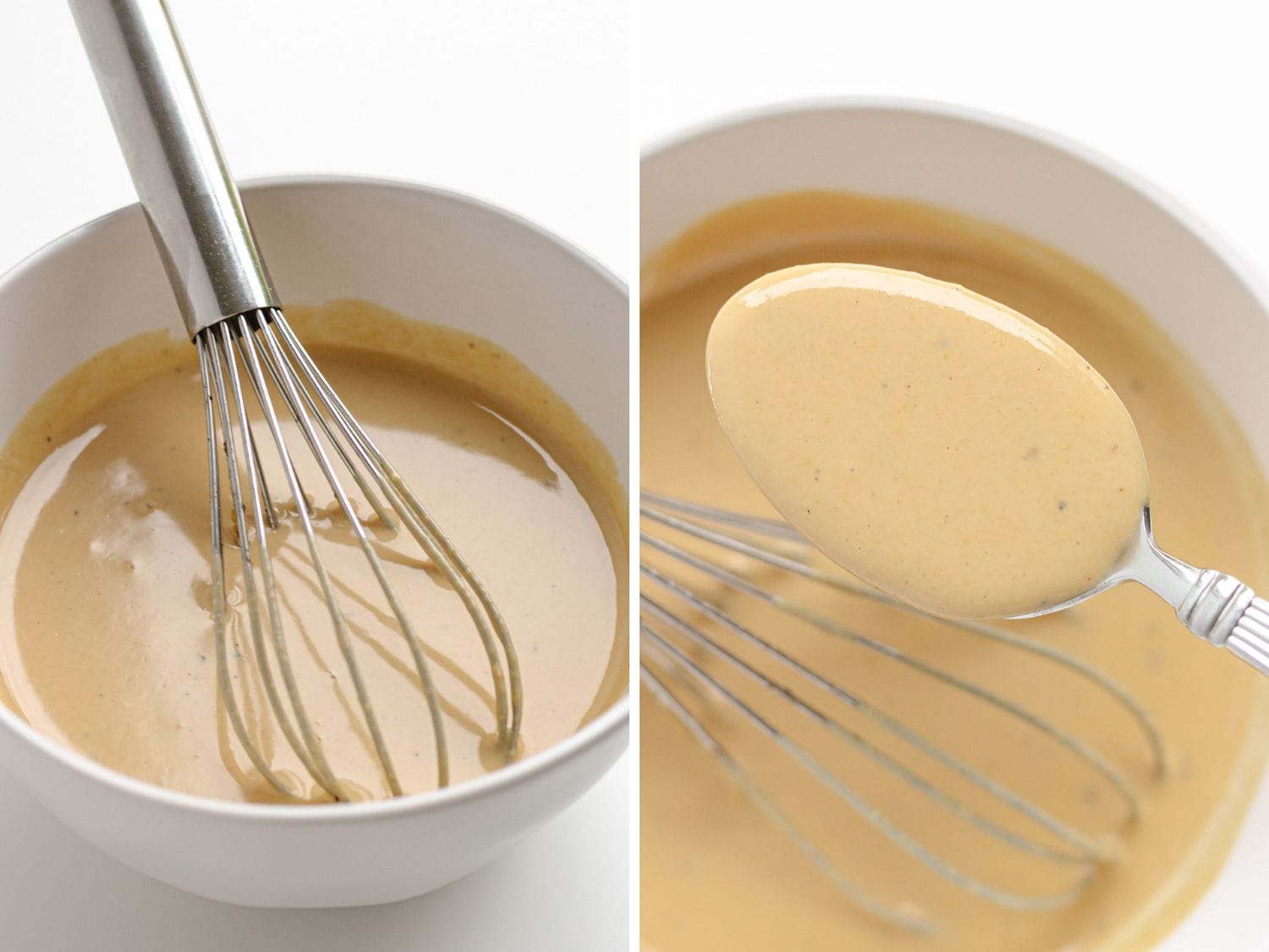 Tahini pasta sauce being mixed together in a white bowl.