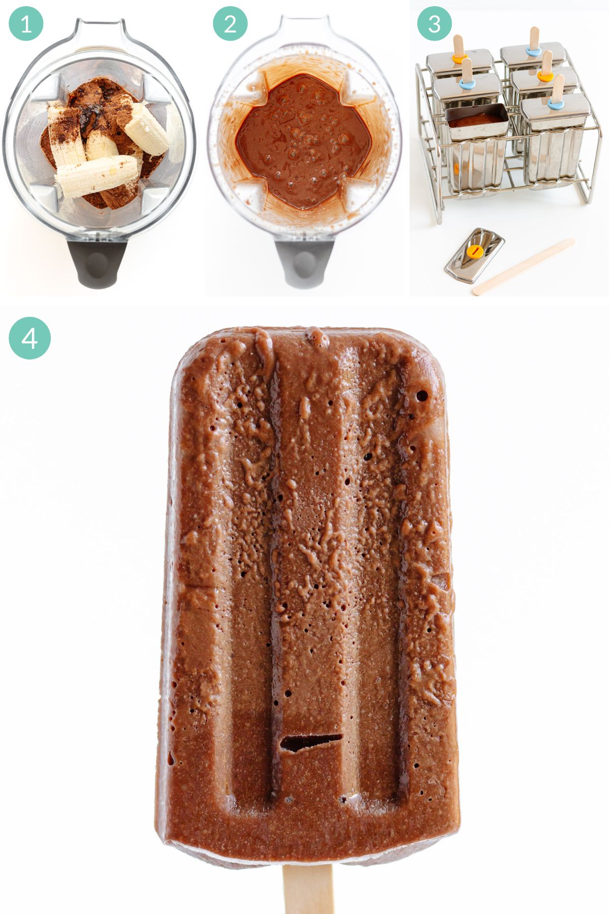 Numbered photo collage showing how to make chocolate banana popsicles.
