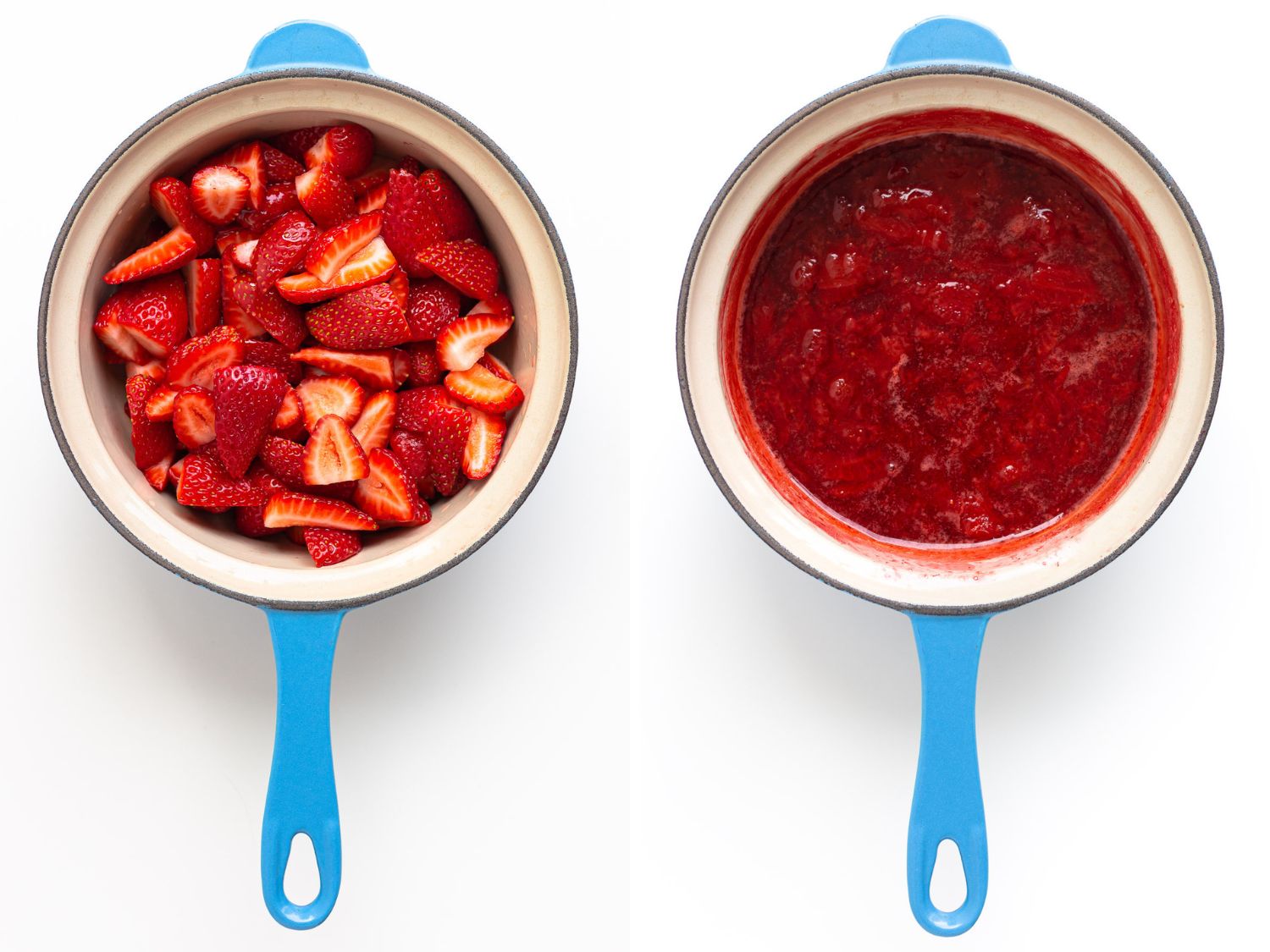 Photo collage of blue saucepan with strawberry compote before and after cooking.