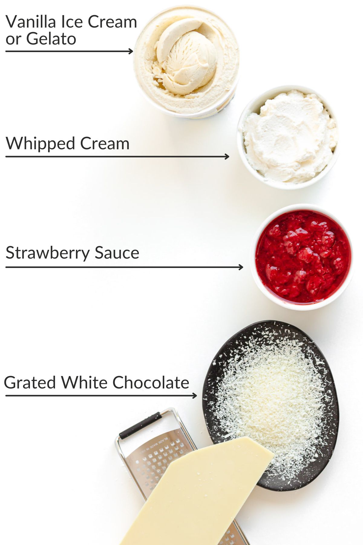 Labelled photo of ingredients needed to make Spaghetti-Eis at home.