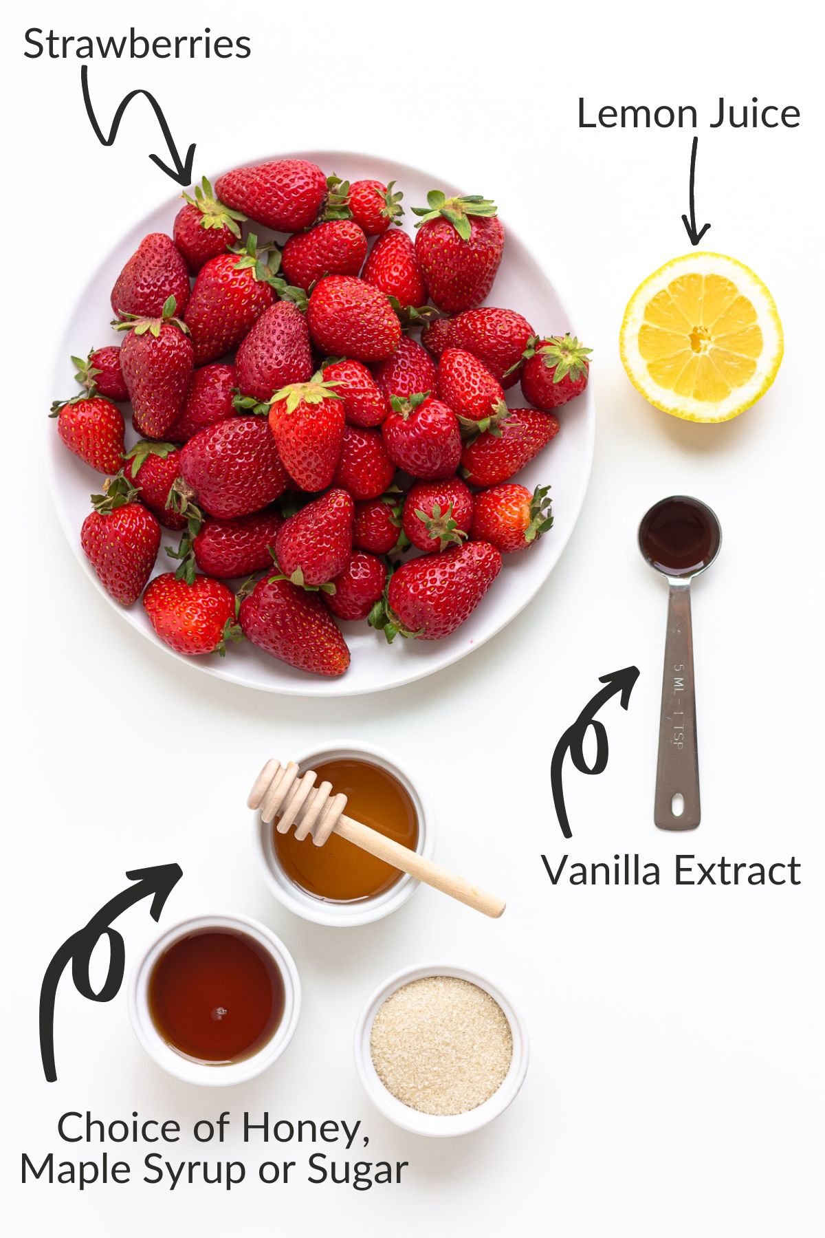 Labelled photo of strawberry compote ingredients.