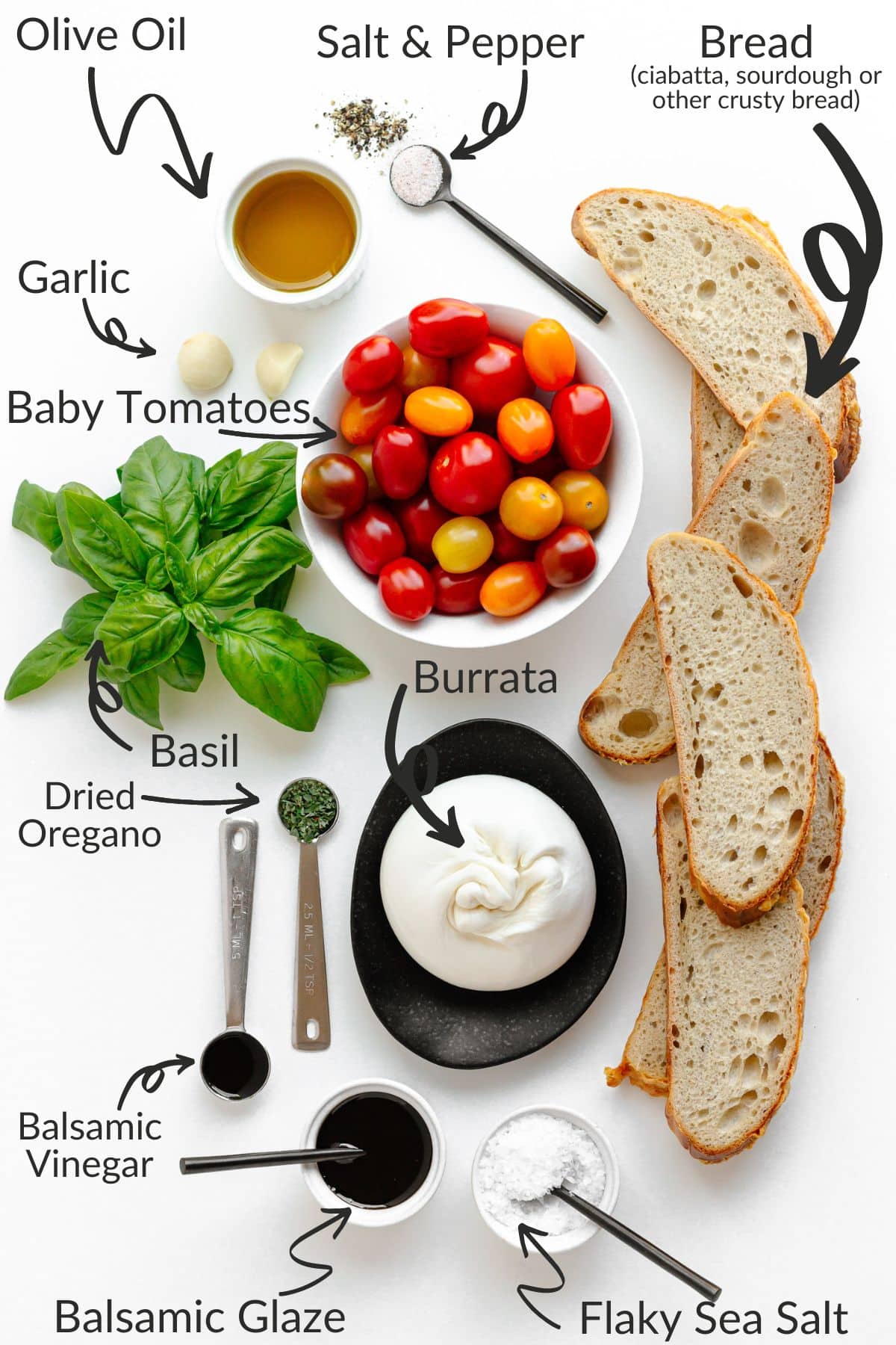 Labelled photo of ingredients needed to make burrata and tomato bruschetta.