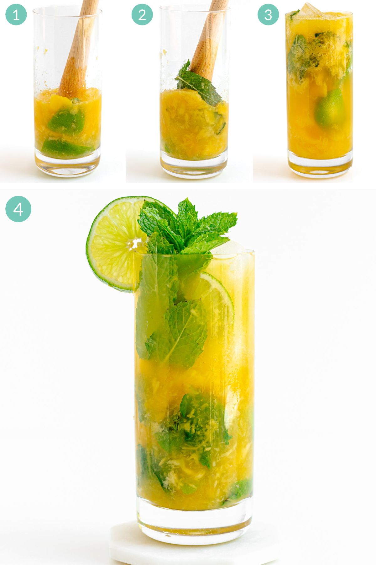 Numbered photo collage showing how to make a mango mojito.